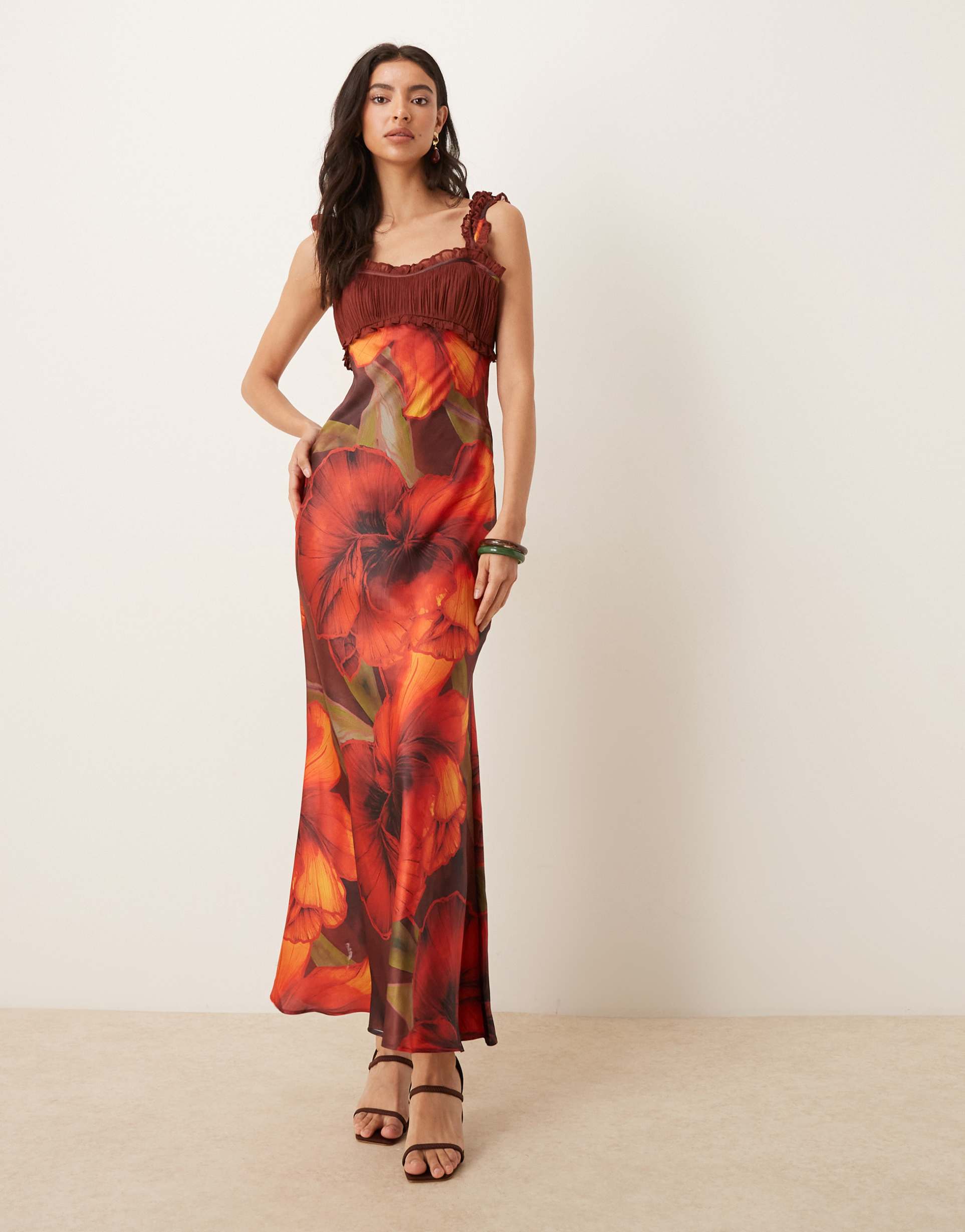 asos design cap sleeve chiffon ruched bust midi dress in blown up floral print