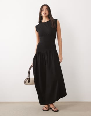 Asos Design Cap Sleeve Cinched Dropped Waist Midaxi Dress In Black