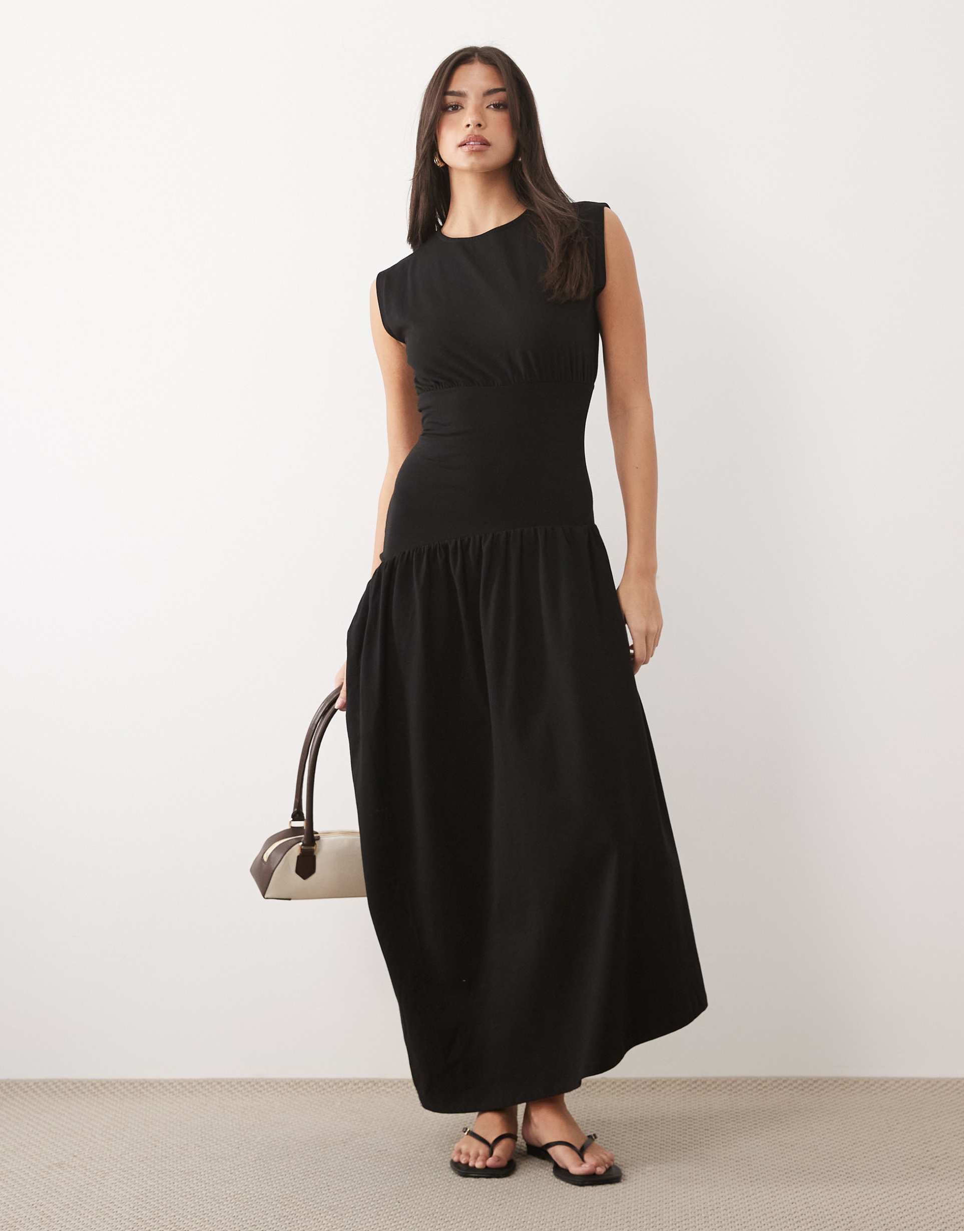 asos design cap sleeve cinched dropped waist midaxi dress in black