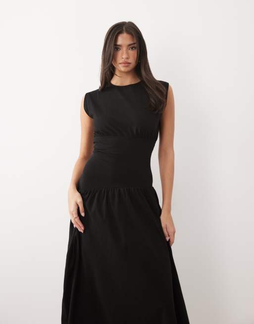 ASOS DESIGN cap sleeve cinched dropped waist midaxi dress in black, 2 of 4