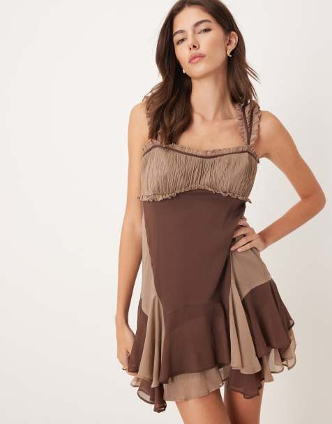 ASOS DESIGN cap sleeve contrast ribbon ruffle hem mini dress in brown - view 1