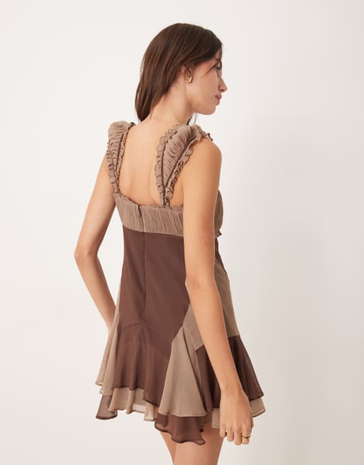 ASOS DESIGN cap sleeve contrast ribbon ruffle hem mini dress in brown, 4 of 4