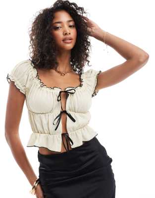 Asos Design Cap Sleeve Contrast Stitch Bow Detail Top In Stone-neutral