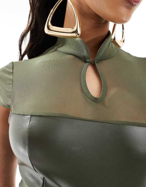 ASOS DESIGN cap sleeve faux leather midi dress with sheer insert in khaki, 2 of 4