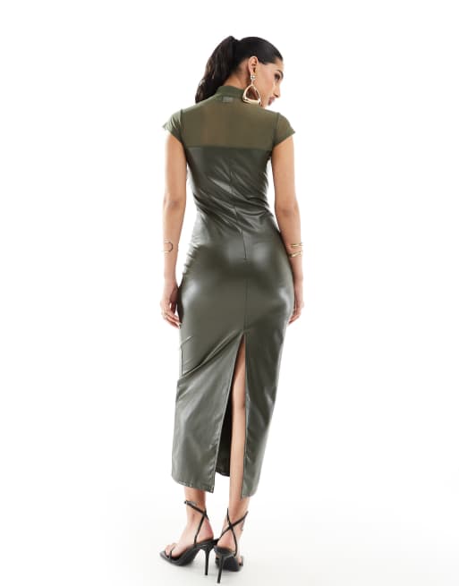 ASOS DESIGN cap sleeve faux leather midi dress with sheer insert in khaki, 3 of 4