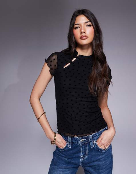 ASOS DESIGN cap sleeve heart flocked top in black - view 1