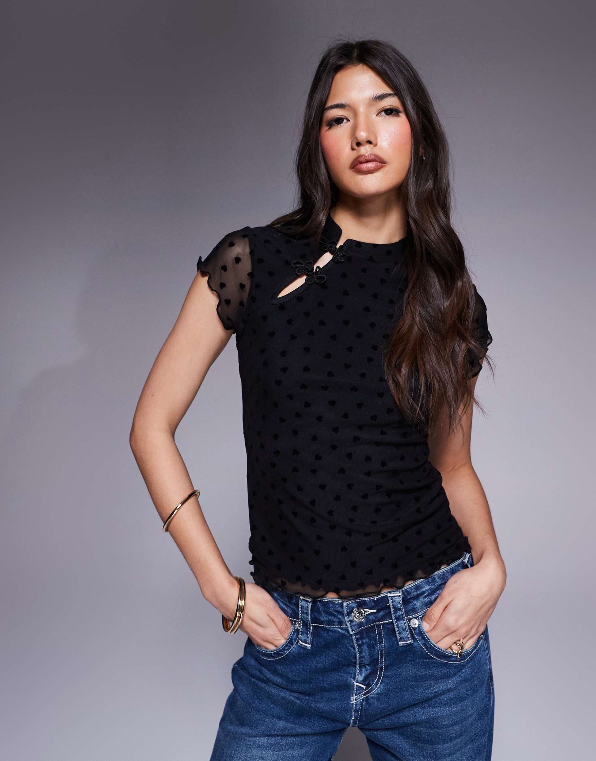 asos design cap sleeve heart flocked top in black