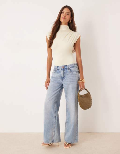 ASOS DESIGN cap sleeve high neck bodysuit in buttermilk