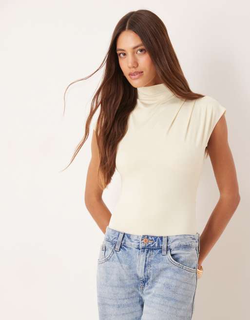 ASOS DESIGN cap sleeve high neck bodysuit in buttermilk