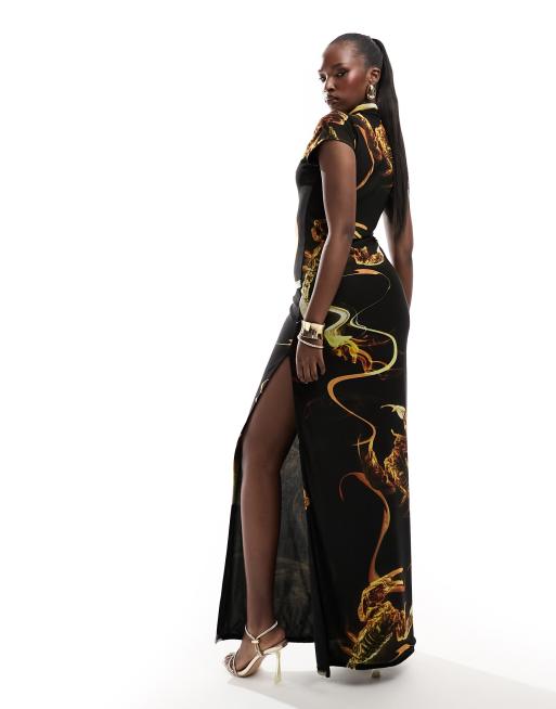 deep v ruffle detail maxi dress in scorpion Black Scorpion Print Plunge Ruffle Detail Maxi Dress