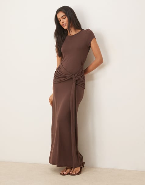 ASOS DESIGN cap sleeve knot waist detail maxi dress in chocolate - view 1