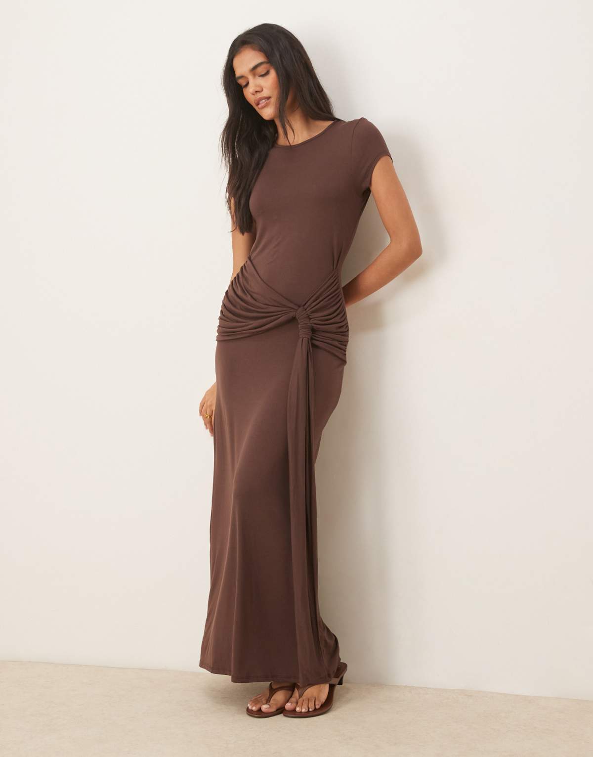 ASOS DESIGN cap sleeve knot waist detail maxi dress in chocolate