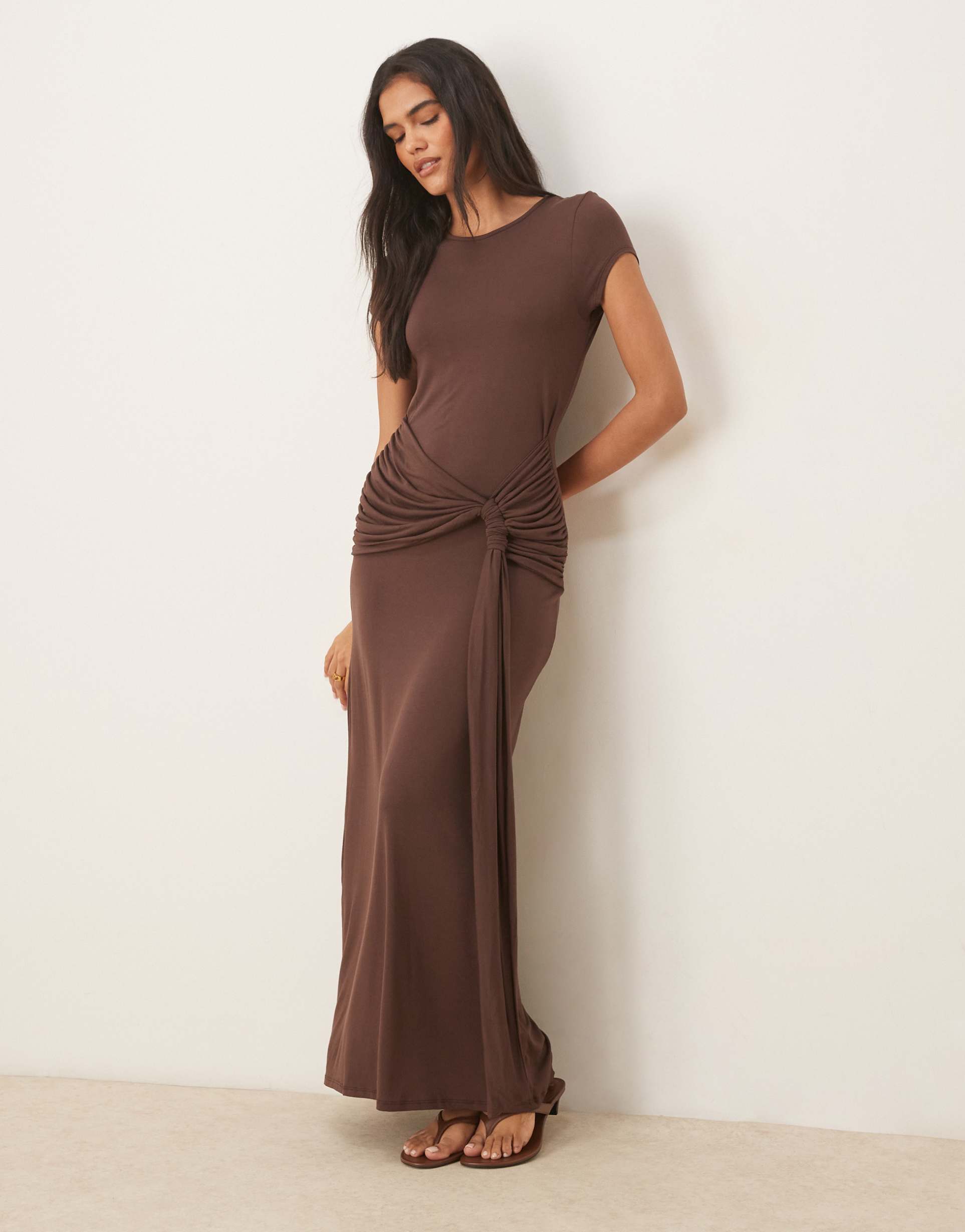 asos design cap sleeve knot waist detail maxi dress in chocolate