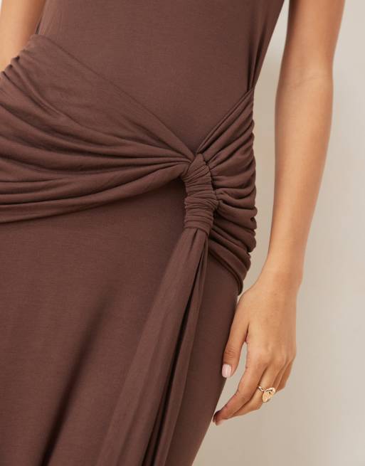 ASOS DESIGN cap sleeve knot waist detail maxi dress in chocolate