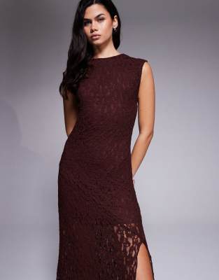 Asos Design Cap Sleeve Lace Midi Dress With Front Slit In Brown