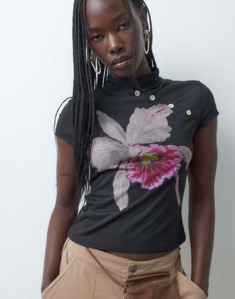 ASOS DESIGN cap sleeve mandarin style top in floral print - view 1