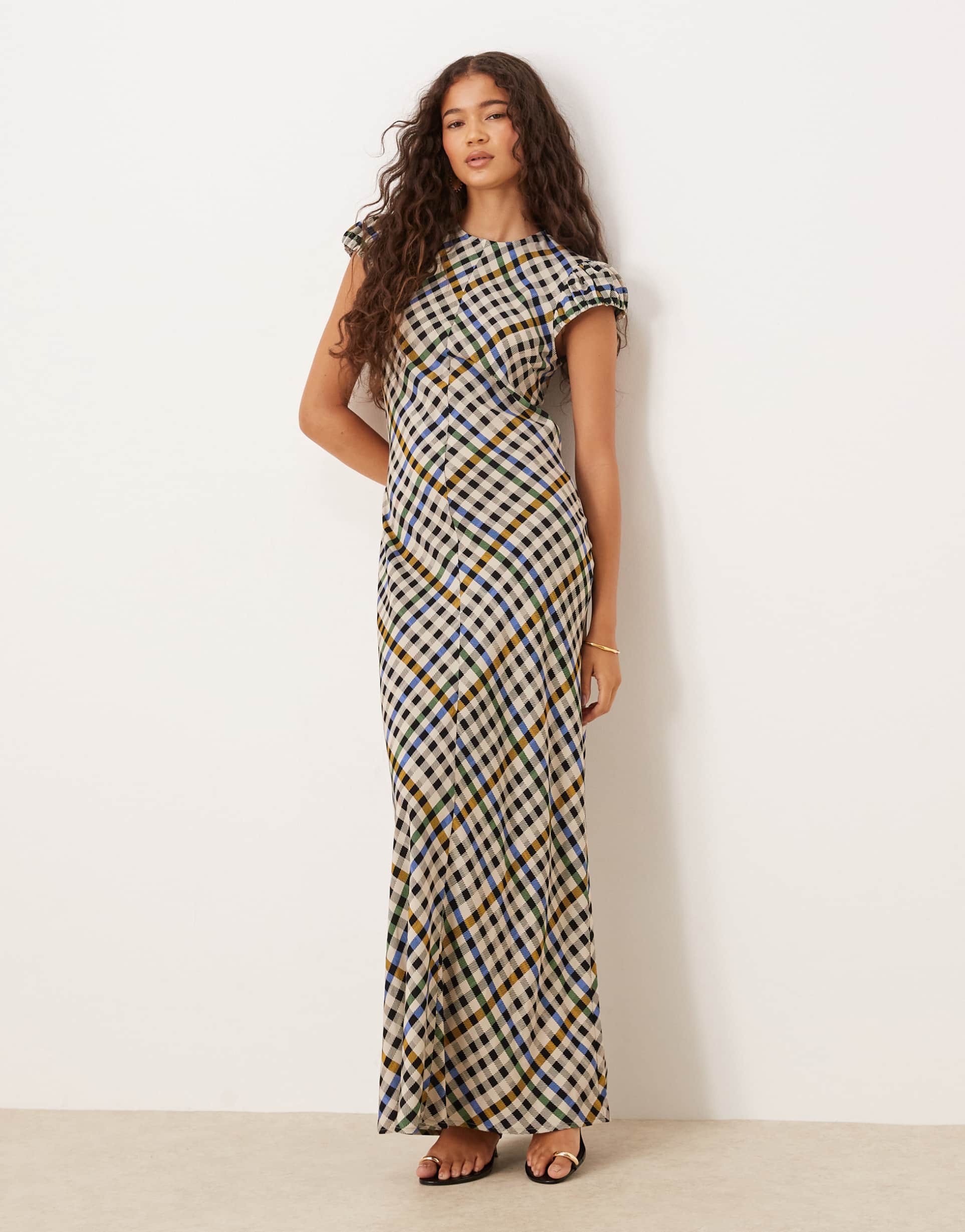 asos design cap sleeve maxi dress in black gingham