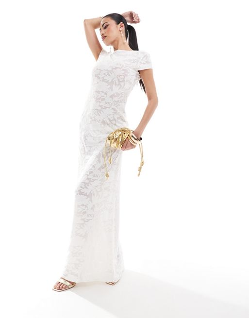 FhyzicsShops DESIGN cap sleeve maxi dress in white floral devore