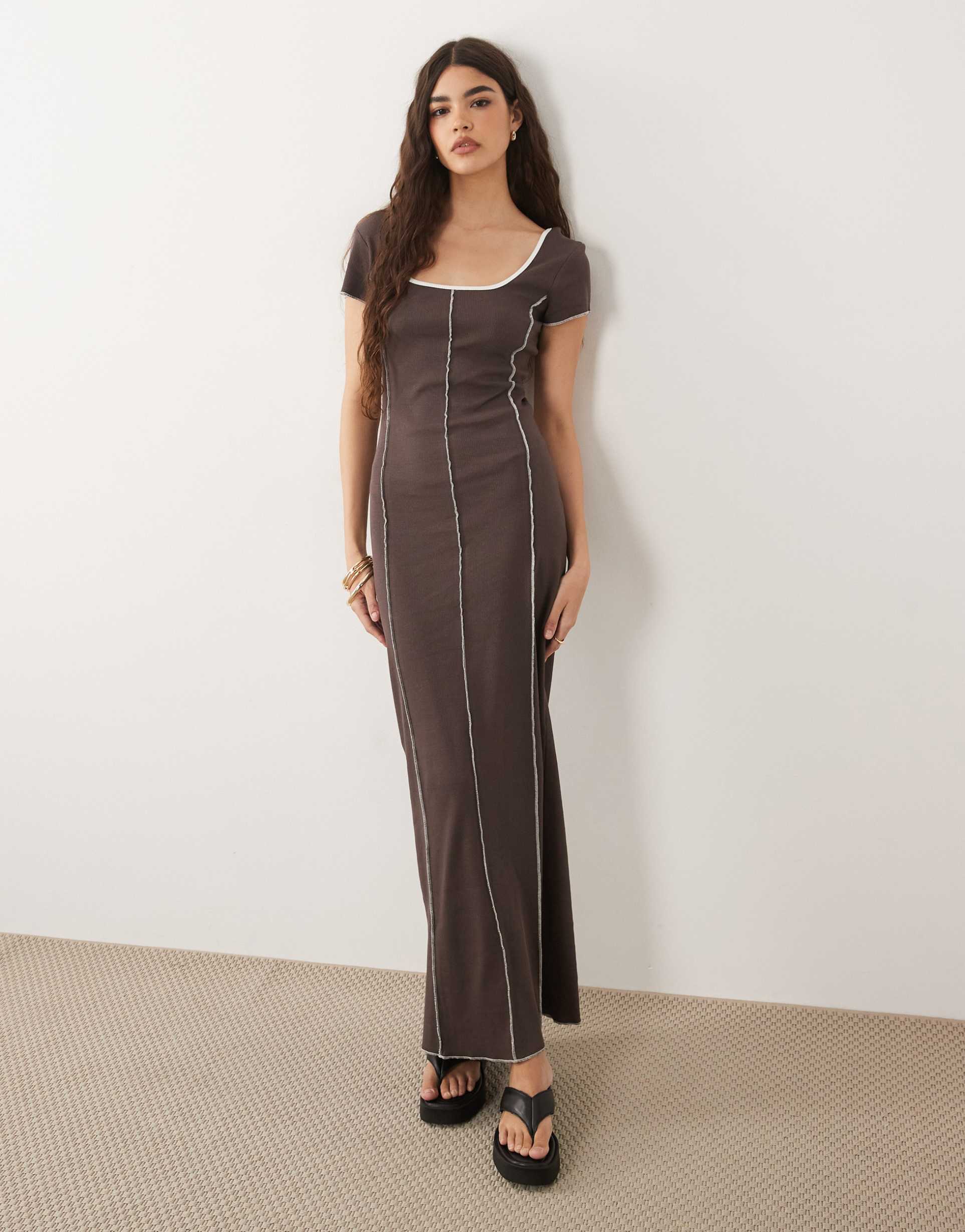 asos design cap sleeve maxi dress with exposed seams in chocolate