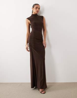 Asos Design Cap Sleeve Maxi Dress With Lace Up Detail And Ruching In Brown