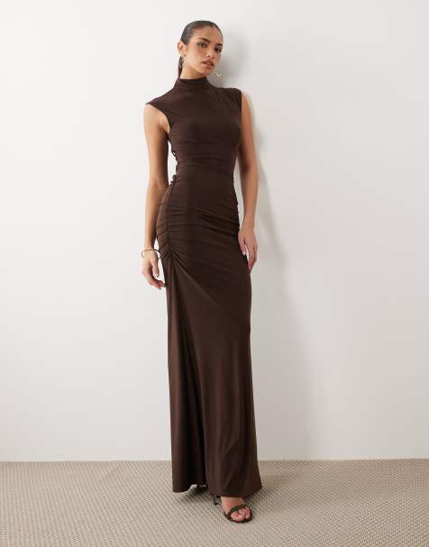ASOS DESIGN cap sleeve maxi dress with lace up detail and ruching in brown - view 1