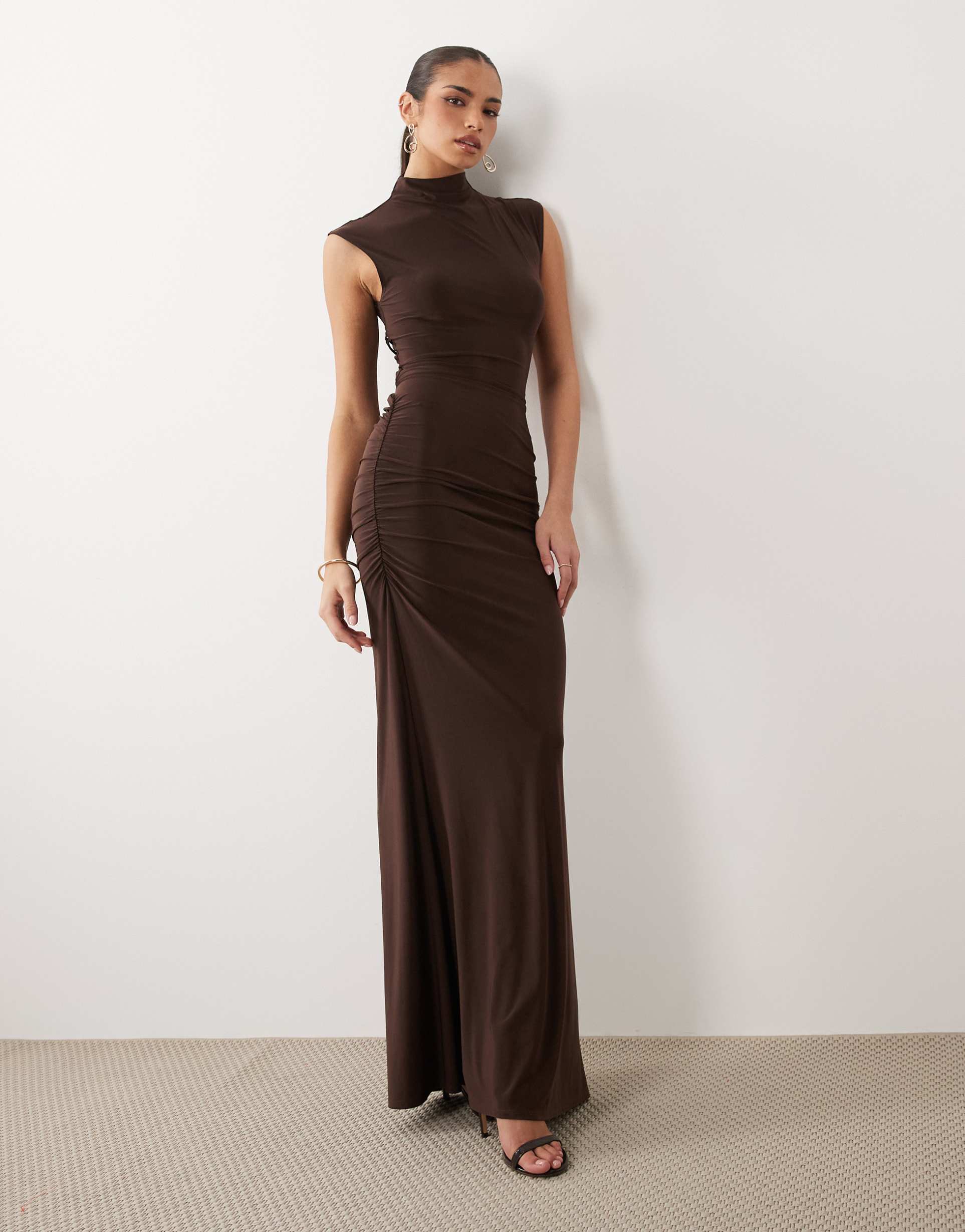 asos design cap sleeve maxi dress with lace up detail and ruching in brown