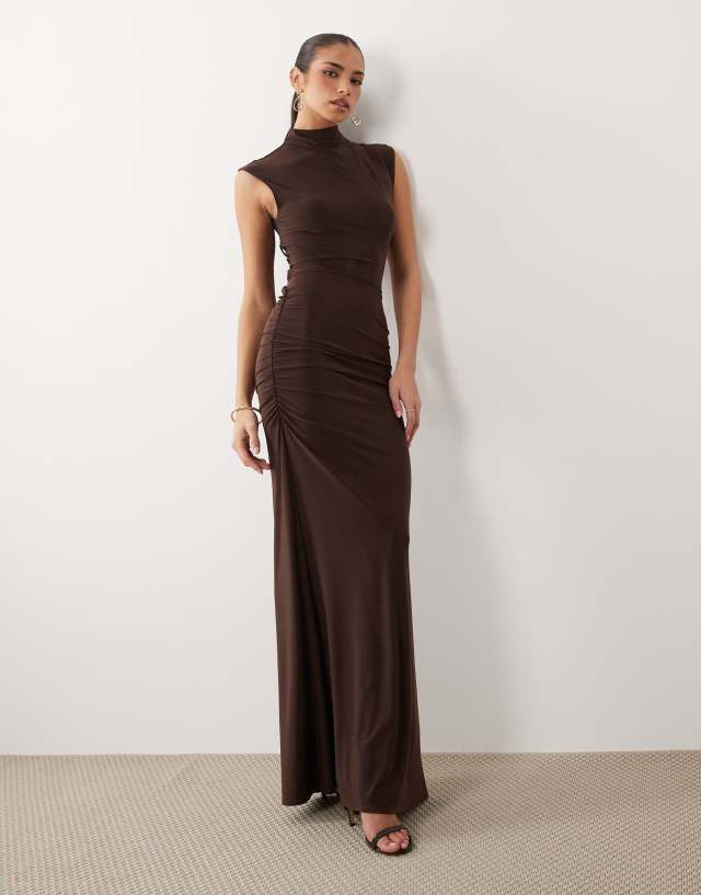 brown cover up dress ASOS Design - Maxi - Women - Polyester/Spandex - XS 153cm This style grazes PM25241 Black Ribbed Asymmetric Long Color:Wine Red