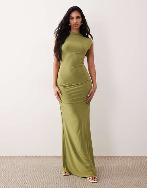 maxi olive green dress Women's Not In A Hurry Tropical Print Cotton Cutout | Size: M room for hips Olive Green Satin Ruffled Lace-Up