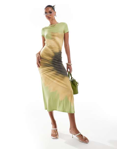 ASOS DESIGN cap sleeve maxi dress with tie back in green oversized sunflower print - view 1