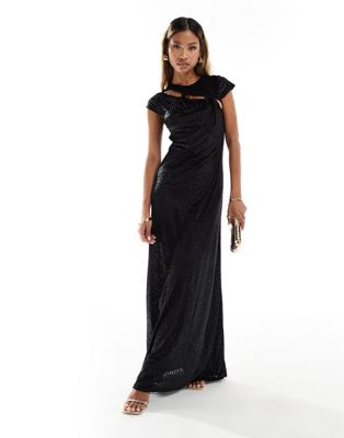 Asos Design Cap Sleeve Maxi Dress With Tie Details In Black Burnout Leopard