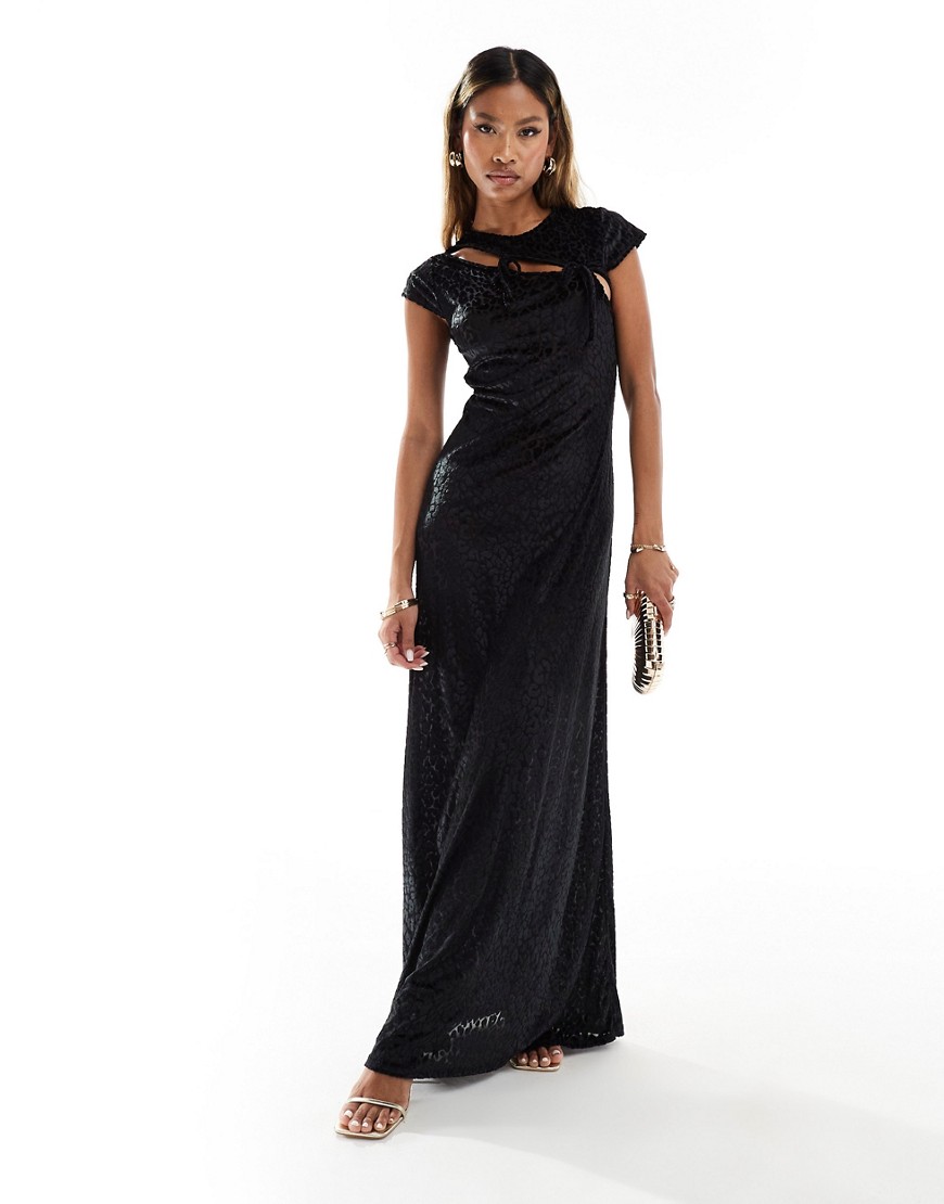 ASOS DESIGN cap sleeve maxi dress with tie details in black burnout leopard