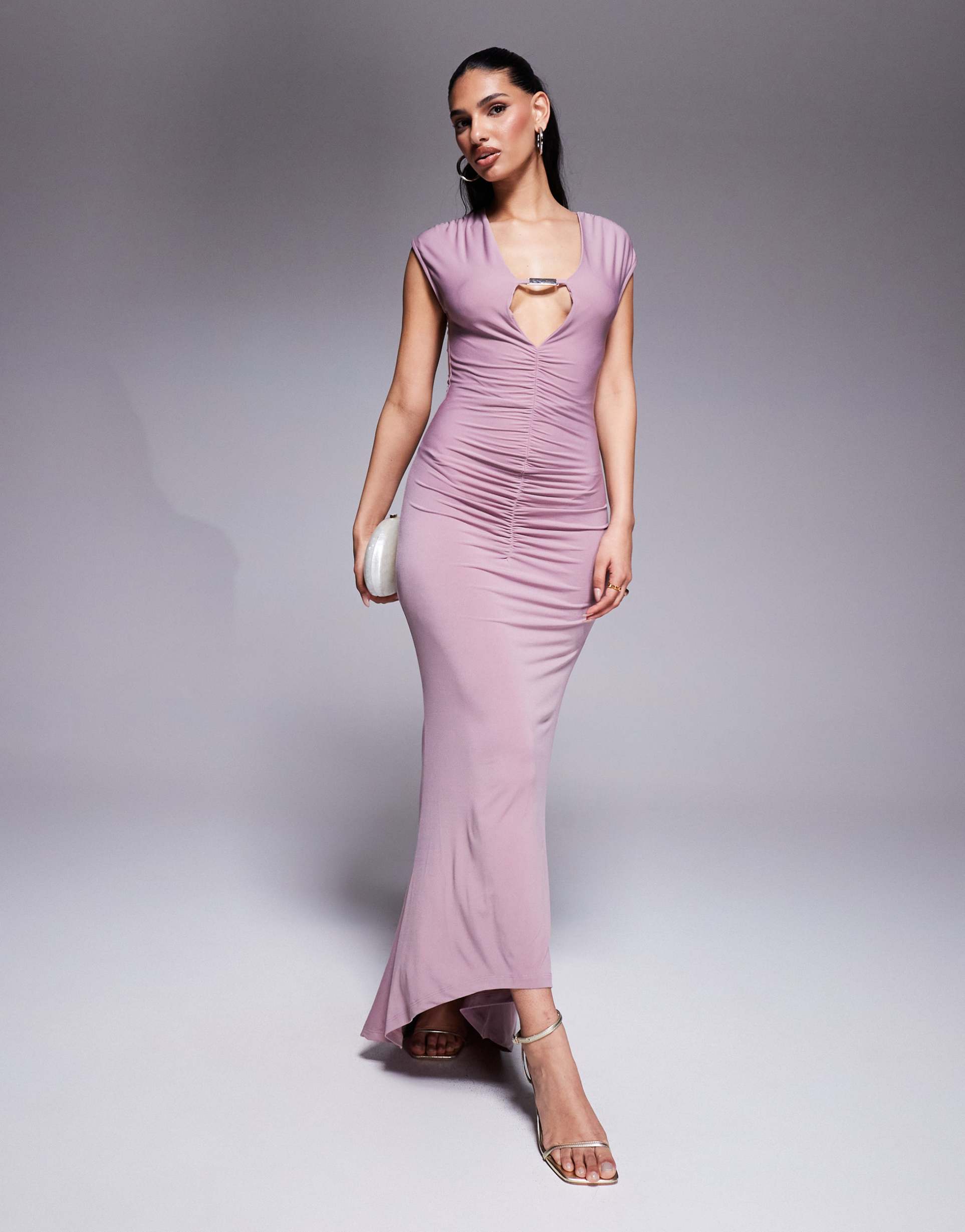 asos design cap sleeve maxi dress with trim and ruching details in mauve