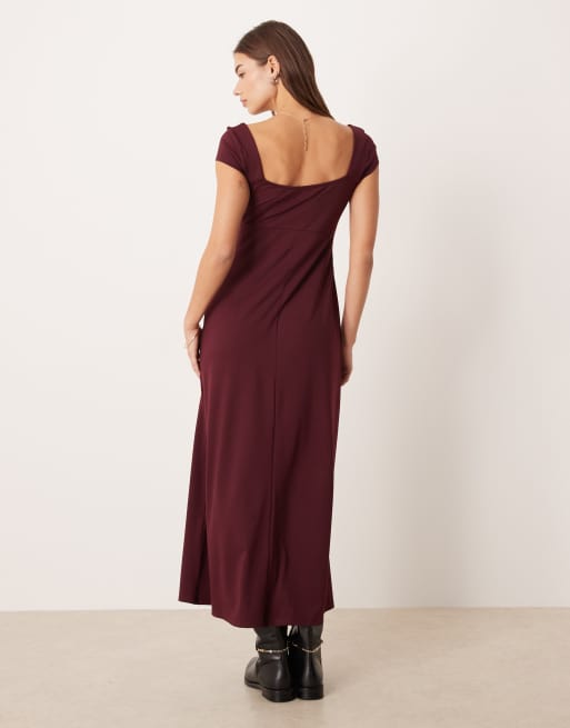 ASOS DESIGN cap sleeve midi day dress in burgundy