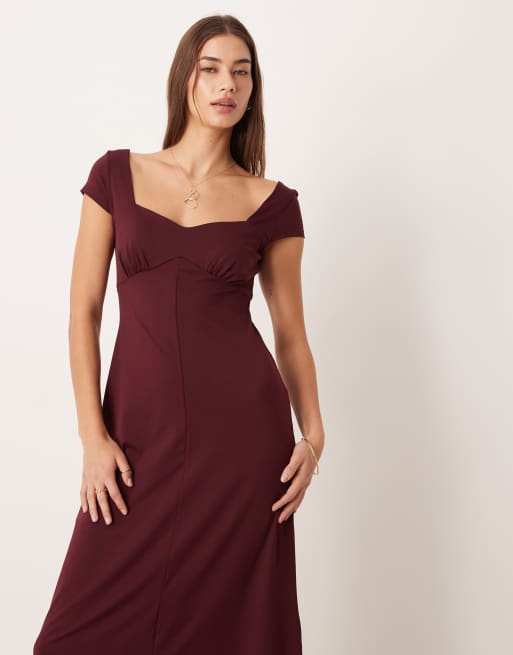 ASOS DESIGN cap sleeve midi day dress in burgundy