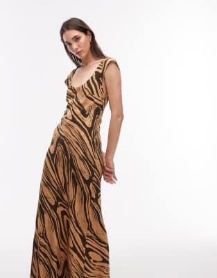 Asos Design Cap Sleeve Midi Dress In Brown