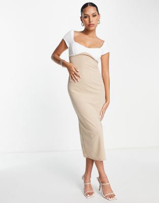 Asos Design Cap Sleeve Midi Dress In Cream And Camel Color Block-neutral