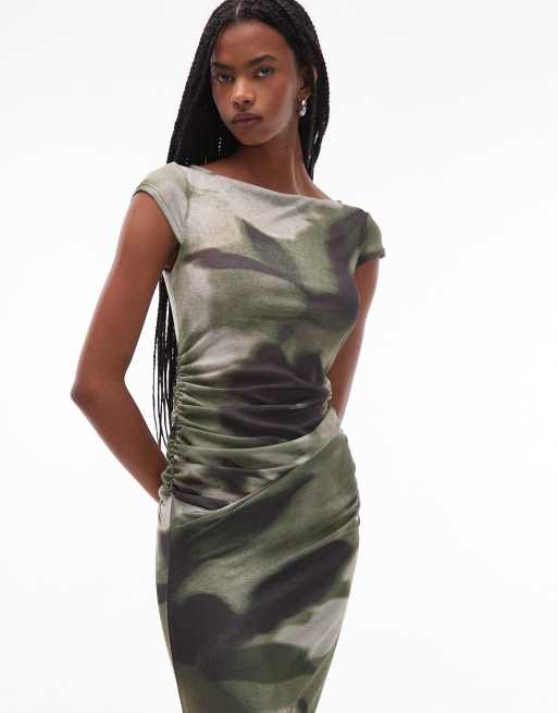 ASOS DESIGN cap sleeve midi dress in green abstract floral print, 3 of 4