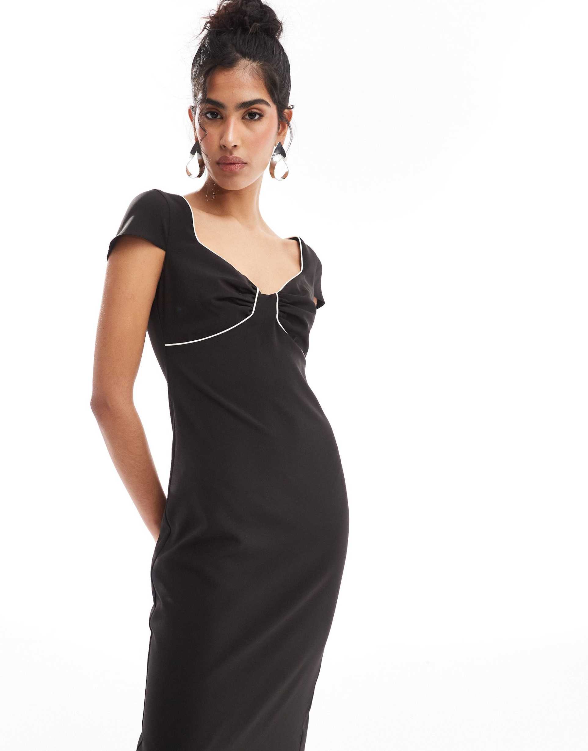 asos design cap sleeve midi dress with contrast piping in black