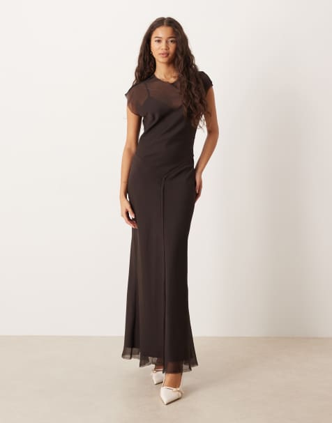 ASOS DESIGN cap sleeve midi dress with drop waist in chocolate - view 1