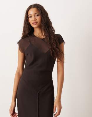 Asos Design Cap Sleeve Midi Dress With Dropped Waist In Brown