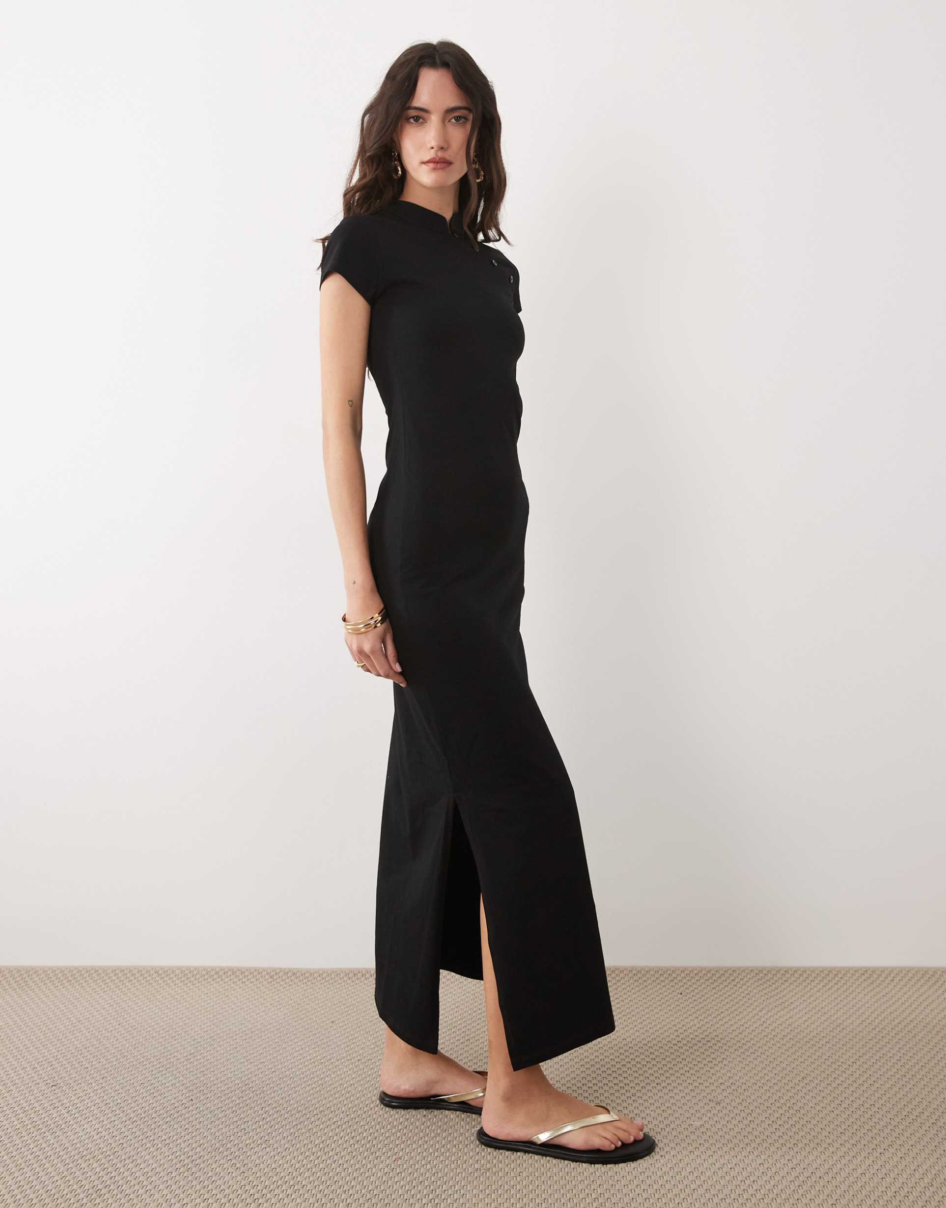asos design cap sleeve midi dress with rouleau loop detailing in black