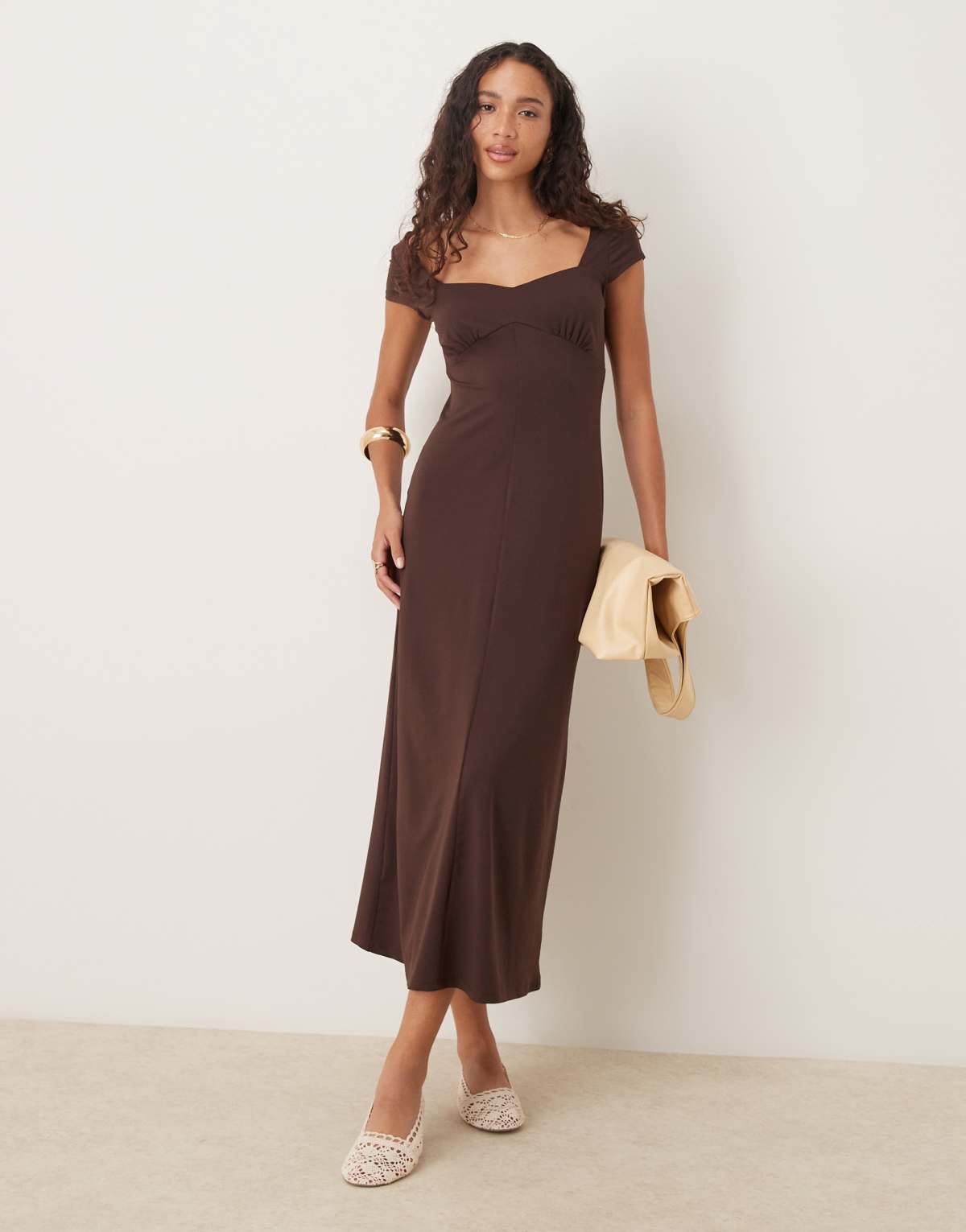 ASOS DESIGN cap sleeve midi tea dress in chocolate