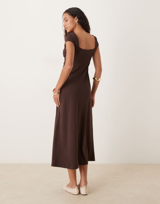 ASOS DESIGN cap sleeve midi tea dress in chocolate