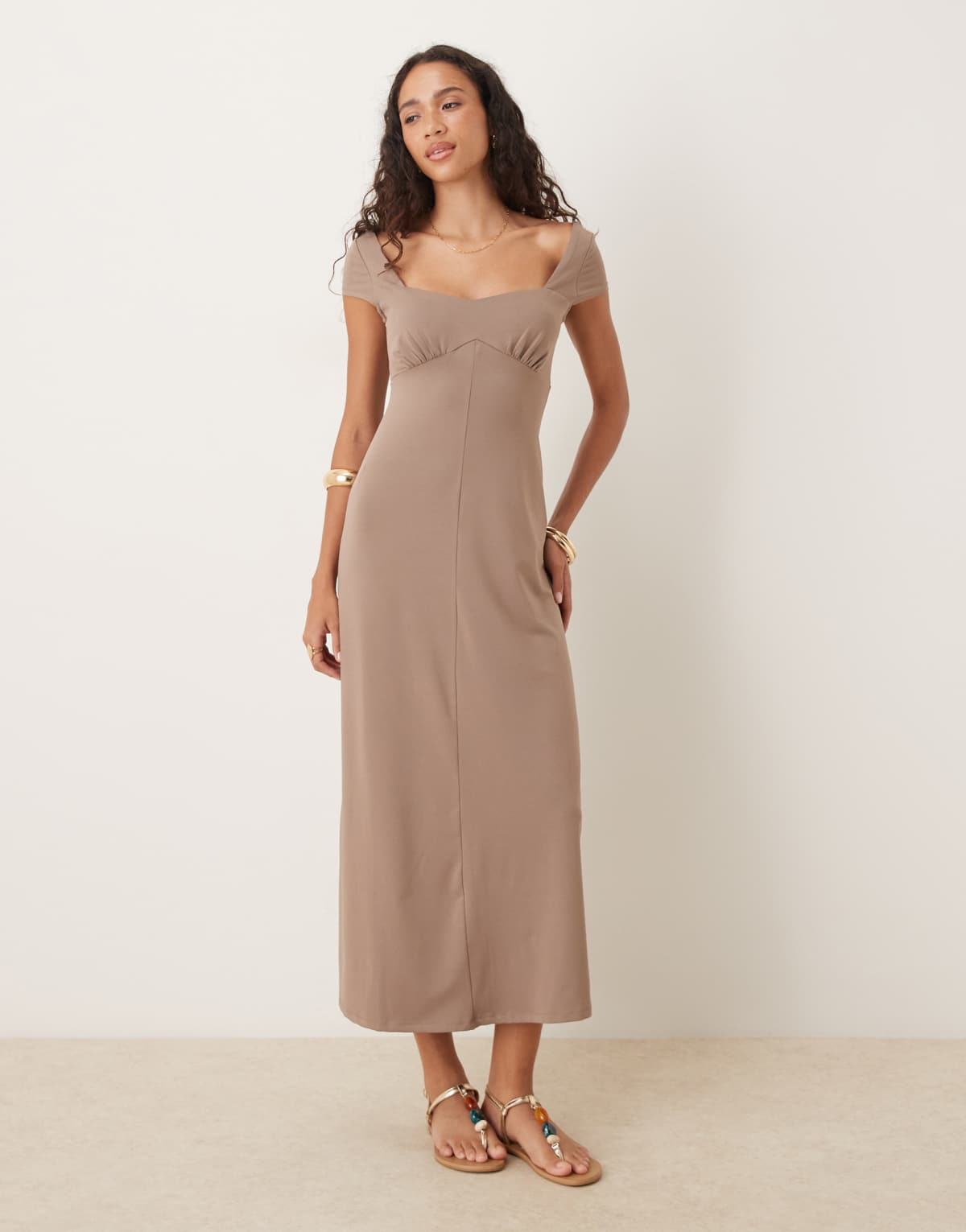 ASOS DESIGN cap sleeve midi tea dress in mocha