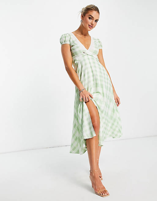 ASOS DESIGN cap sleeve midi tea dress with lace inserts in gingham | ASOS