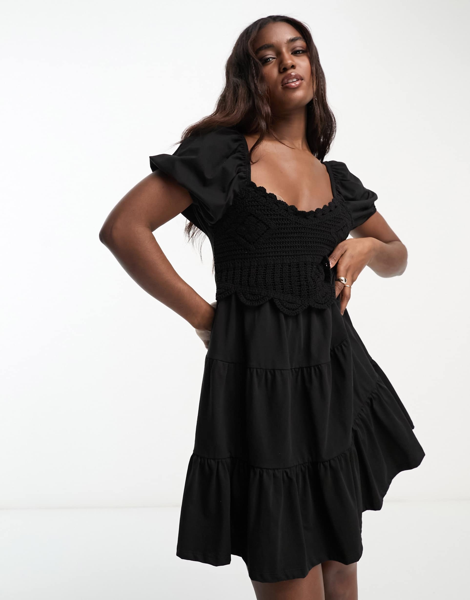 asos design cap sleeve mini dress with crochet bodice and tiered skirt in black