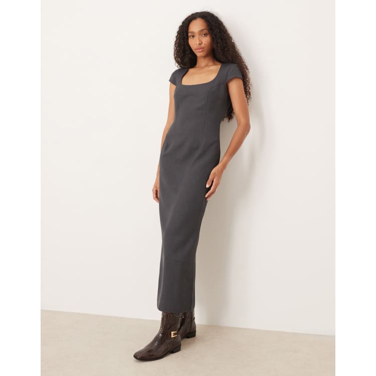 asos grey midi dress DESIGN cap sleeve pencil in gray occasion 2026 08 fall 1