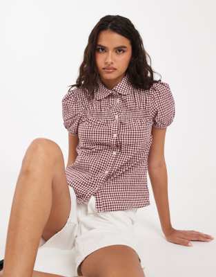 Asos Design Cap Sleeve Peter Pan Collar Shirt In Multi