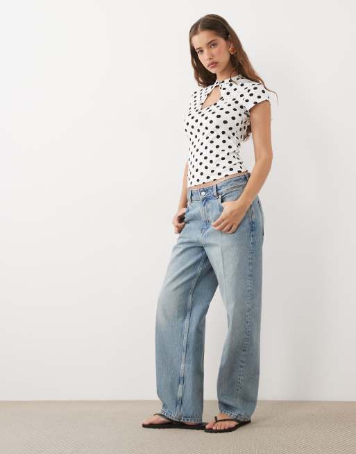 ASOS DESIGN cap sleeve ribbed mandarin style top in polka dot white and black, 2 of 4