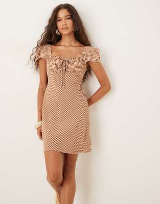 ASOS DESIGN cap sleeve ruched bust mini dress in brown gingham - view 1